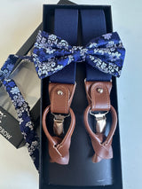 Navy Sakura Silk Bow Tie and Leather Trim Suspenders Set