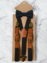 Kids Black Suspenders & Wool Bow Tie Set