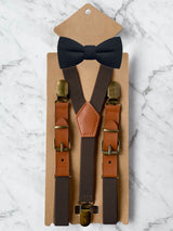 Kids Chocolate Brown Suspenders & Wool Bow Tie Set