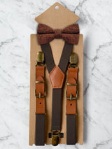 Kids Chocolate Brown Suspenders & Wool Bow Tie Set