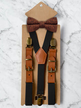 Kids Black Suspenders & Wool Bow Tie Set