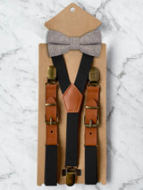 Kids Black Suspenders & Wool Bow Tie Set