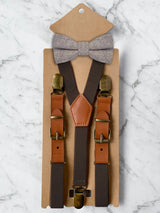 Kids Chocolate Brown Suspenders & Wool Bow Tie Set