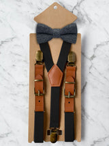 Kids Black Suspenders & Wool Bow Tie Set