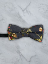 Kids Charcoal Linen Floral Bow Tie