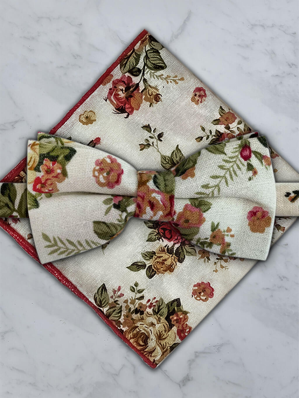 Cream Linen Floral Bow Tie and Pocket Square Set