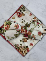 Cream Linen Floral Bow Tie and Pocket Square Set