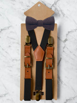 Kids Black Suspenders & Wool Bow Tie Set