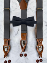Gunmetal Grey Leather Trim Suspenders & Woollen Bow Tie Set