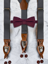 Gunmetal Grey Leather Trim Suspenders & Woollen Bow Tie Set