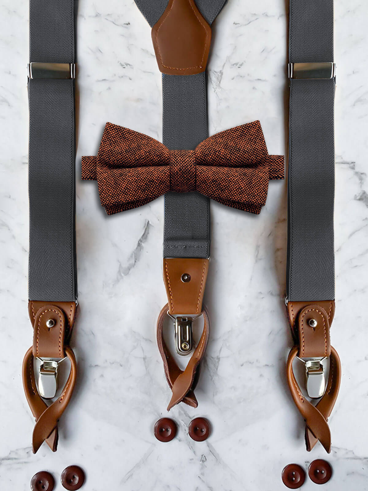 Gunmetal Grey Leather Trim Suspenders & Woollen Bow Tie Set