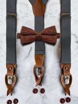 Gunmetal Grey Leather Trim Suspenders & Woollen Bow Tie Set