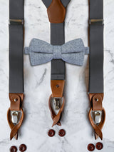 Gunmetal Grey Leather Trim Suspenders & Woollen Bow Tie Set