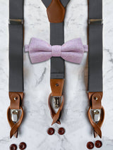 Gunmetal Grey Leather Trim Suspenders & Woollen Bow Tie Set
