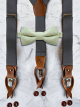 Gunmetal Grey Leather Trim Suspenders & Woollen Bow Tie Set