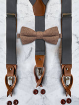 Gunmetal Grey Leather Trim Suspenders & Woollen Bow Tie Set