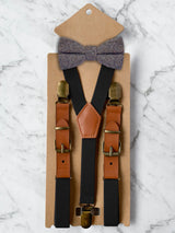 Kids Black Suspenders & Wool Bow Tie Set