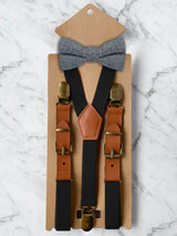 Kids Black Suspenders & Wool Bow Tie Set