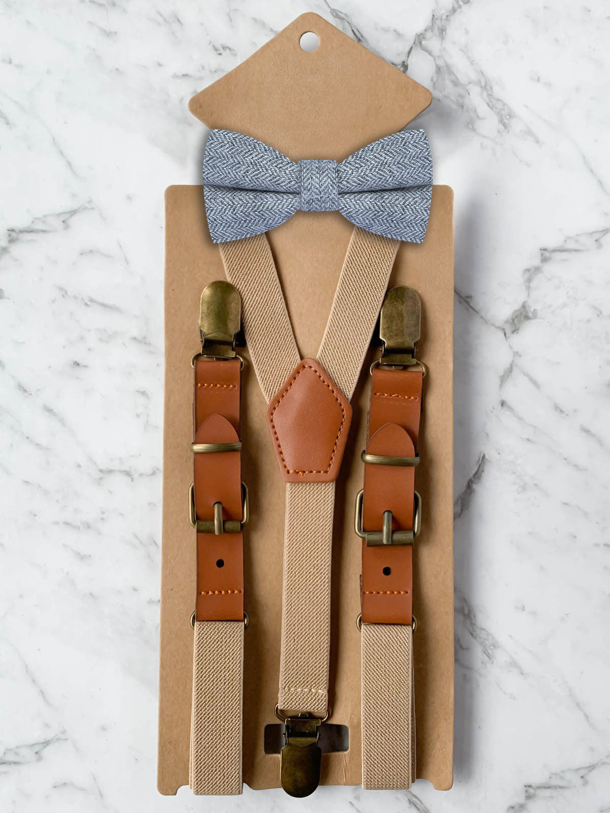 Kids Oatmeal Suspenders & Wool Bow Tie Set
