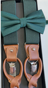 Forest Green Leather Trim Suspenders & Silk Bow Tie Set