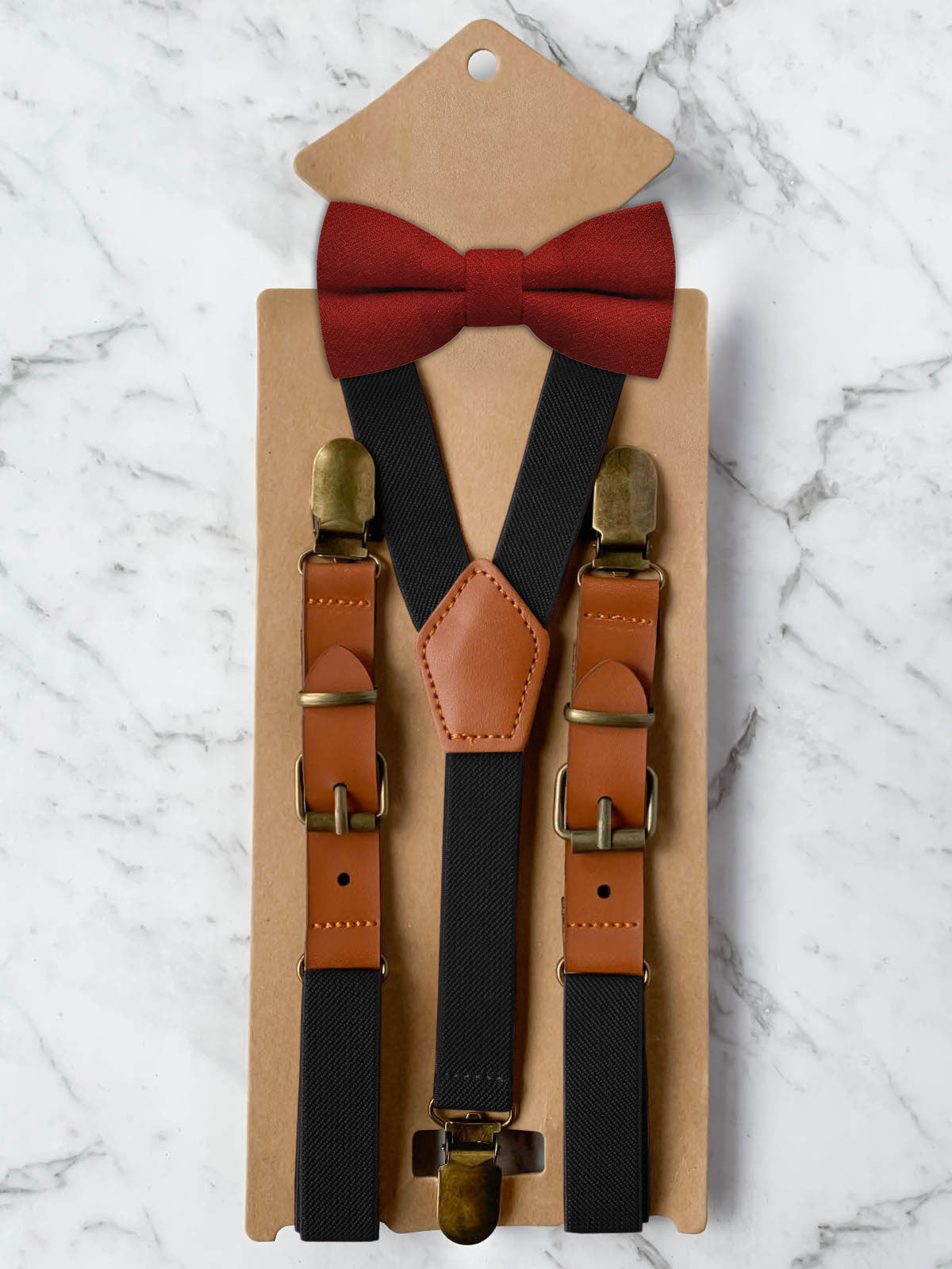 Kids Black Suspenders & Wool Bow Tie Set