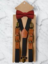 Kids Black Suspenders & Wool Bow Tie Set