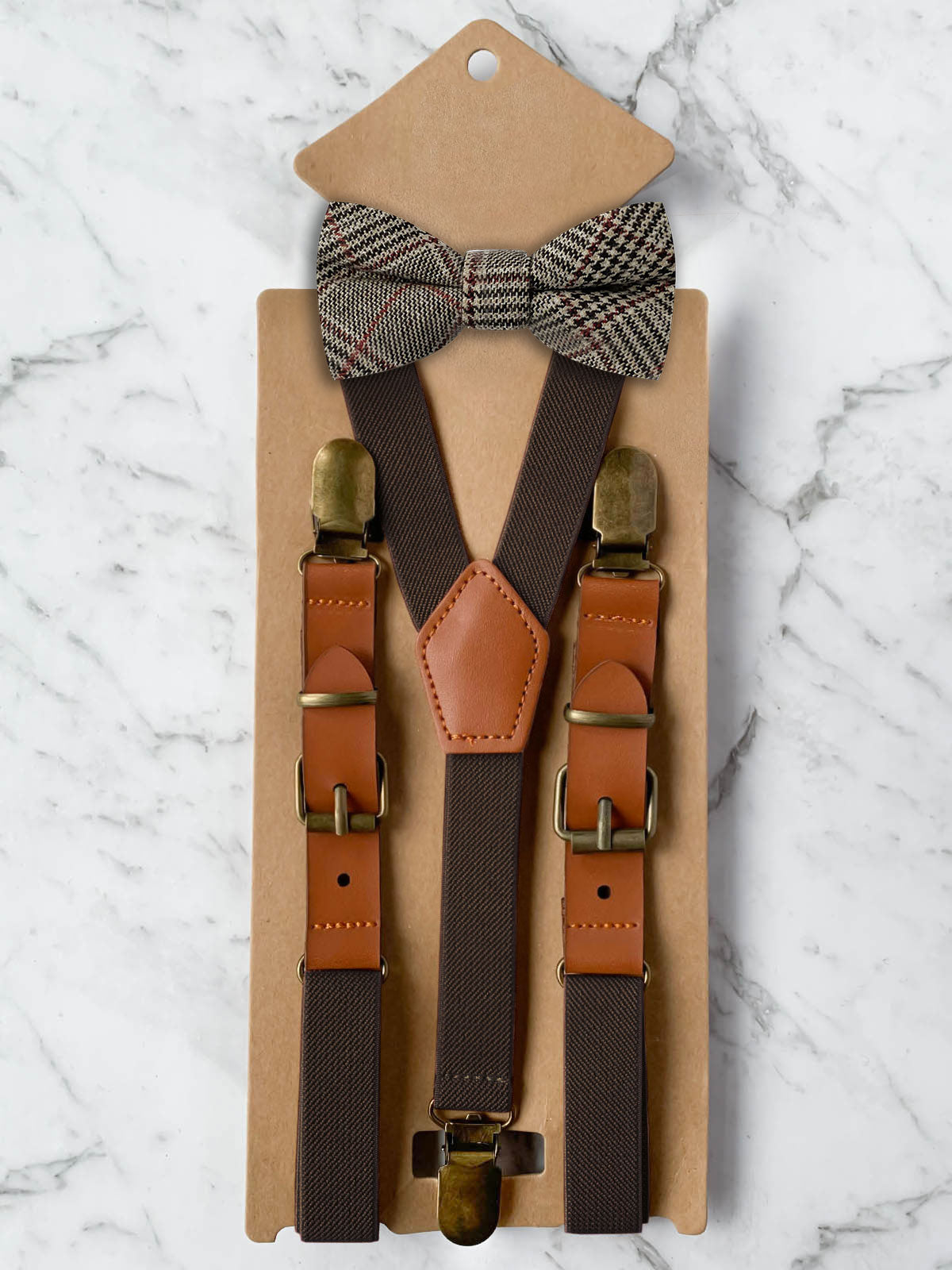 Kids Chocolate Brown Suspenders & Wool Bow Tie Set