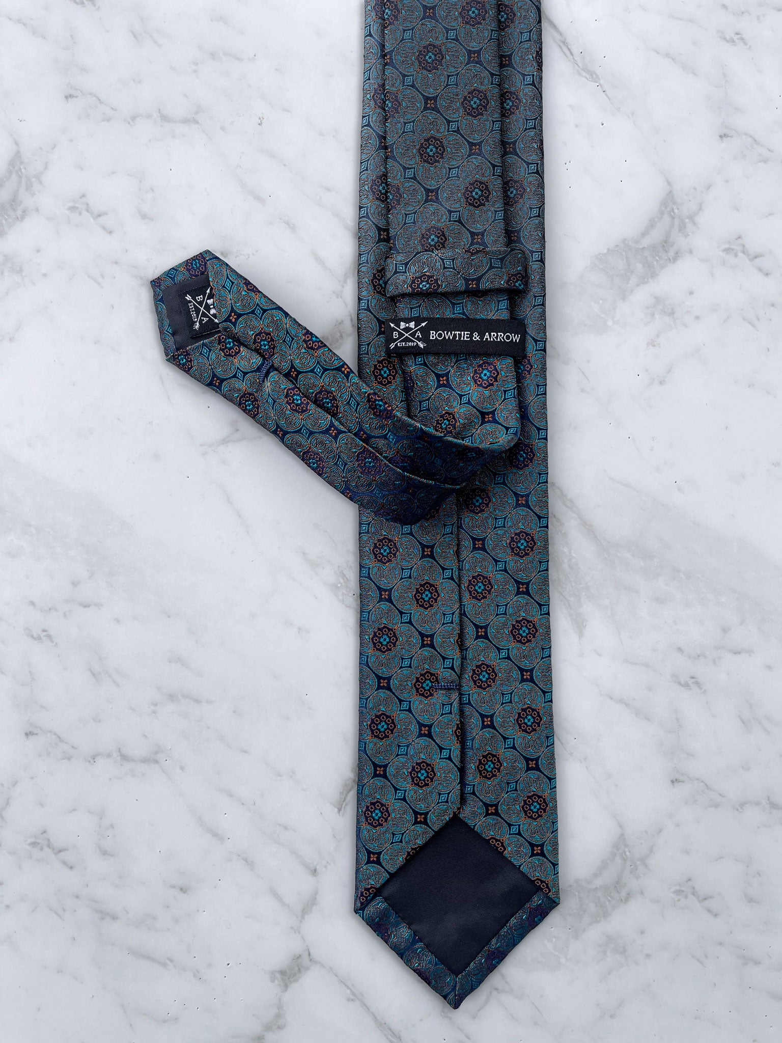 Teal Medallion Patterned 100% Silk Tie