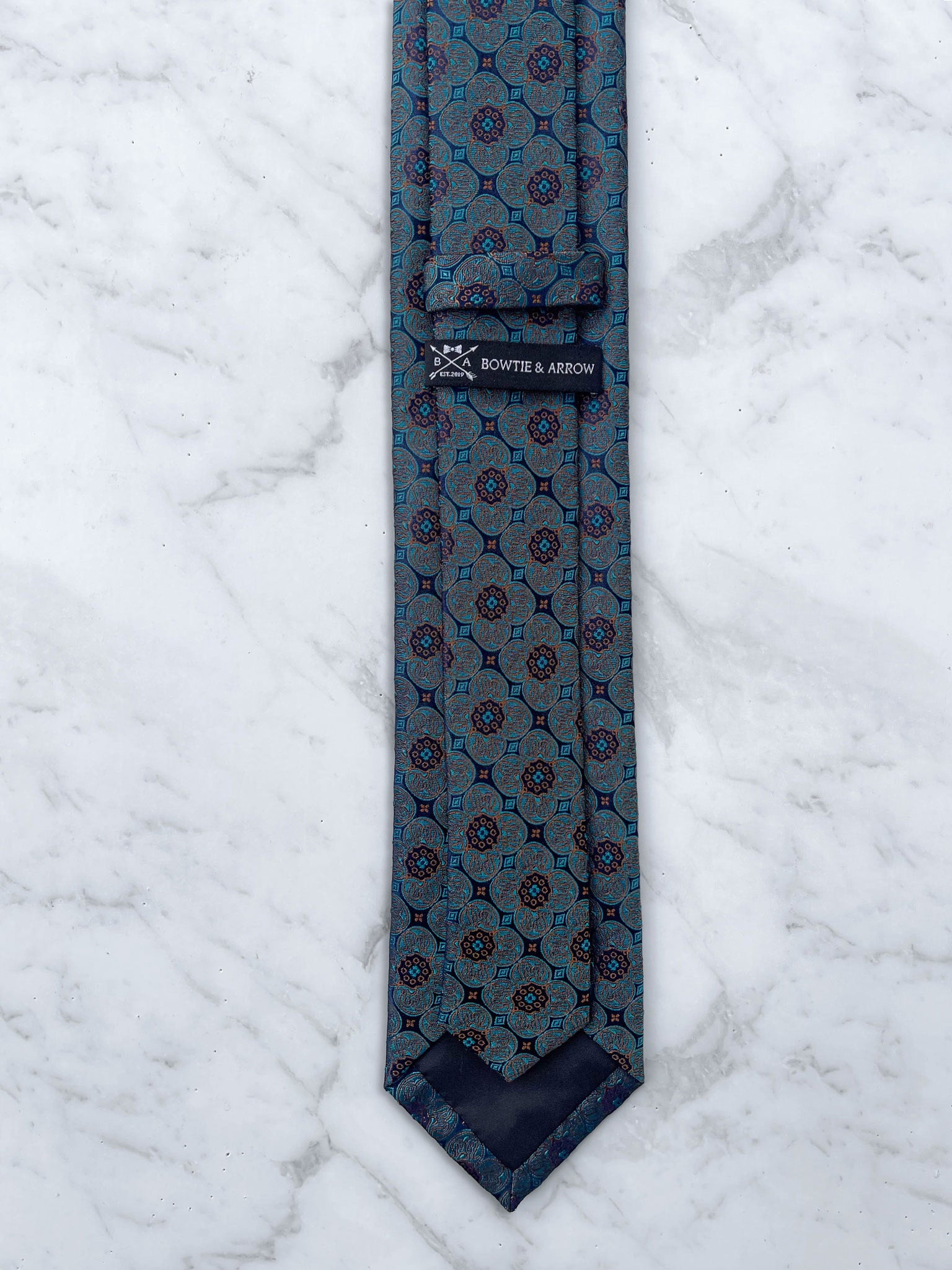 Teal Medallion Patterned 100% Silk Tie