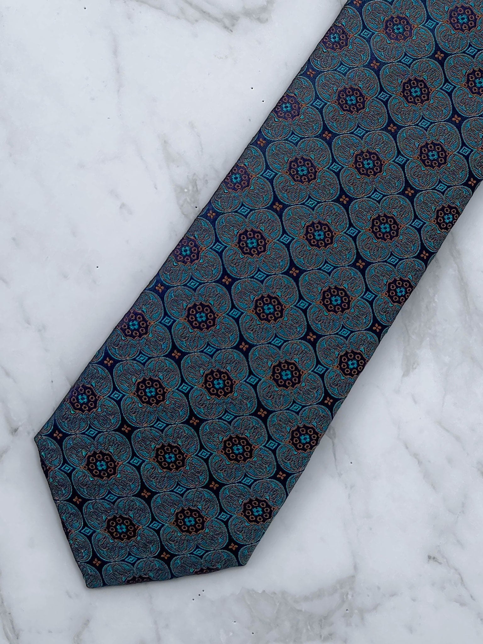 Teal Medallion Patterned 100% Silk Tie