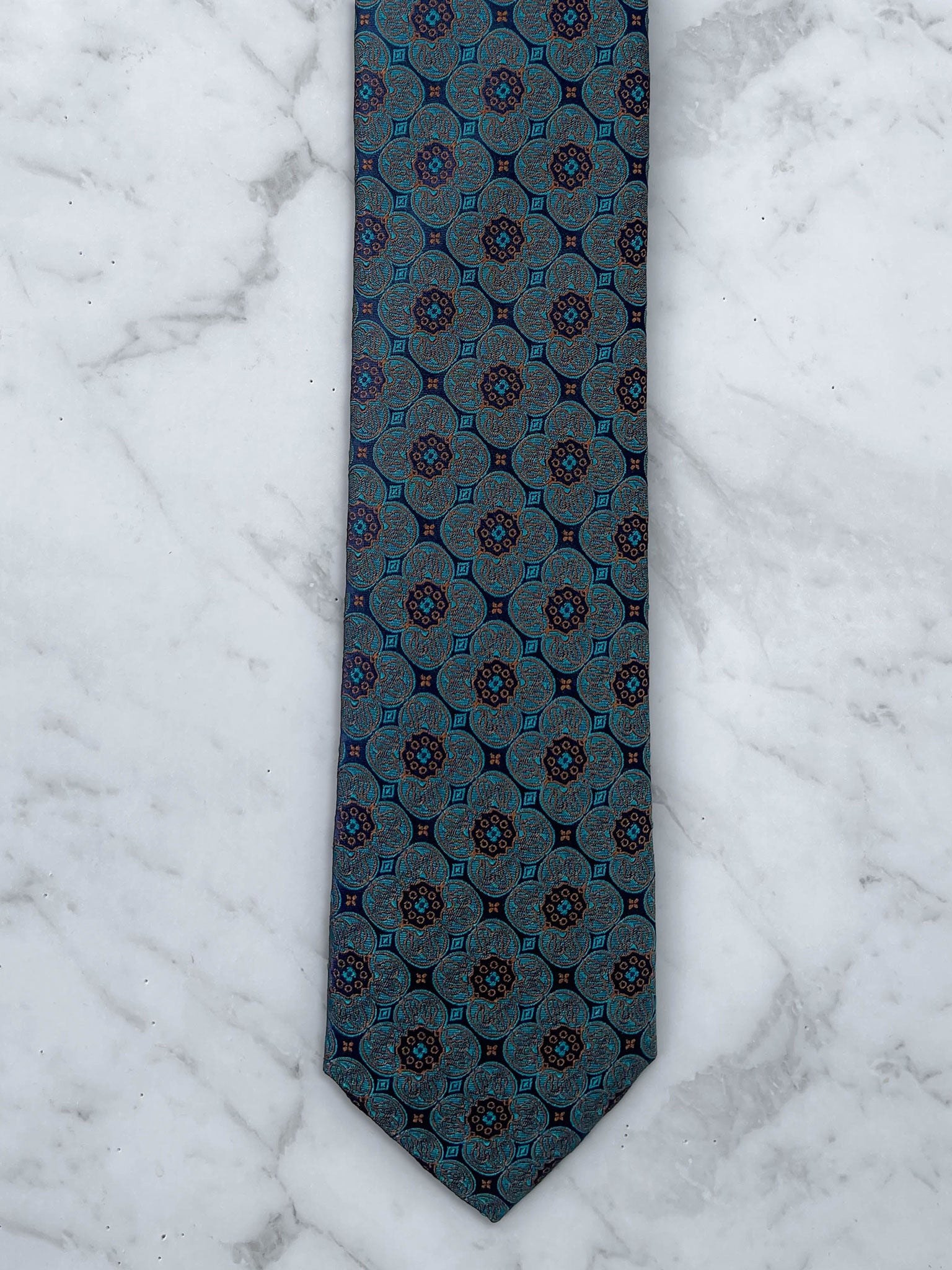 Teal Medallion Patterned 100% Silk Tie