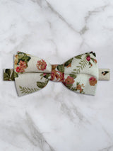 Cream Linen Floral Bow Tie and Pocket Square Set