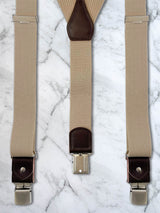 Oatmeal with Brown Leather Trim Heavy Duty Clip Suspenders