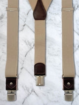 Oatmeal with Brown Leather Trim Heavy Duty Clip Suspenders
