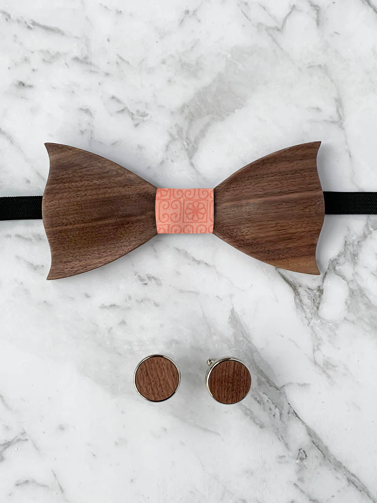 Oatmeal Leather Trim Suspenders, Wooden Bowtie & Cufflinks Set