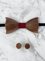 Red Leather Trim Suspenders, Wooden Bowtie & Cufflinks Set