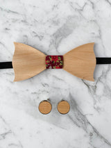 Red Leather Trim Suspenders, Wooden Bowtie & Cufflinks Set