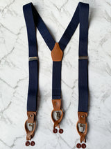 Navy Leather Trim Suspenders & Linen/Cotton Floral Bow Tie Set