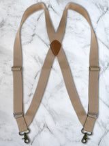 Oatmeal Side Trigger Snap X Back Leather Trim Suspenders