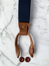 Navy Leather Trim Suspenders, Wooden Bowtie & Cufflinks Set