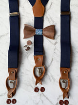 Navy Leather Trim Suspenders, Wooden Bowtie & Cufflinks Set