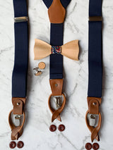 Navy Leather Trim Suspenders, Wooden Bowtie & Cufflinks Set