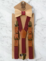 Kids Burgundy Wooden Bow Tie, Suspenders & Brooch Set