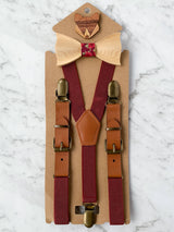 Kids Burgundy Wooden Bow Tie, Suspenders & Brooch Set