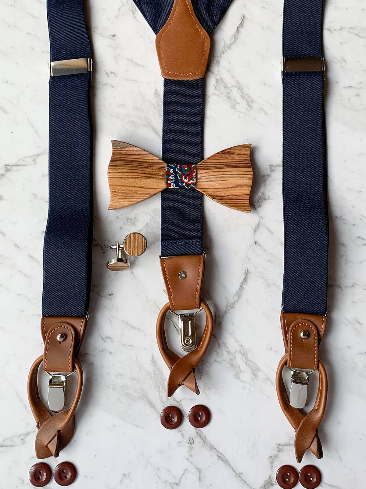Navy Leather Trim Suspenders, Wooden Bowtie & Cufflinks Set
