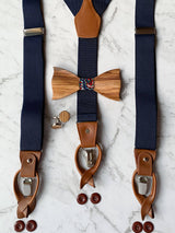 Navy Leather Trim Suspenders, Wooden Bowtie & Cufflinks Set
