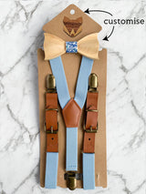 Kids Baby Blue Wooden Bow Tie, Suspenders & Animal Pin Set
