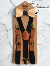 Kids Black Wooden Bow Tie, Suspenders & Brooch Set