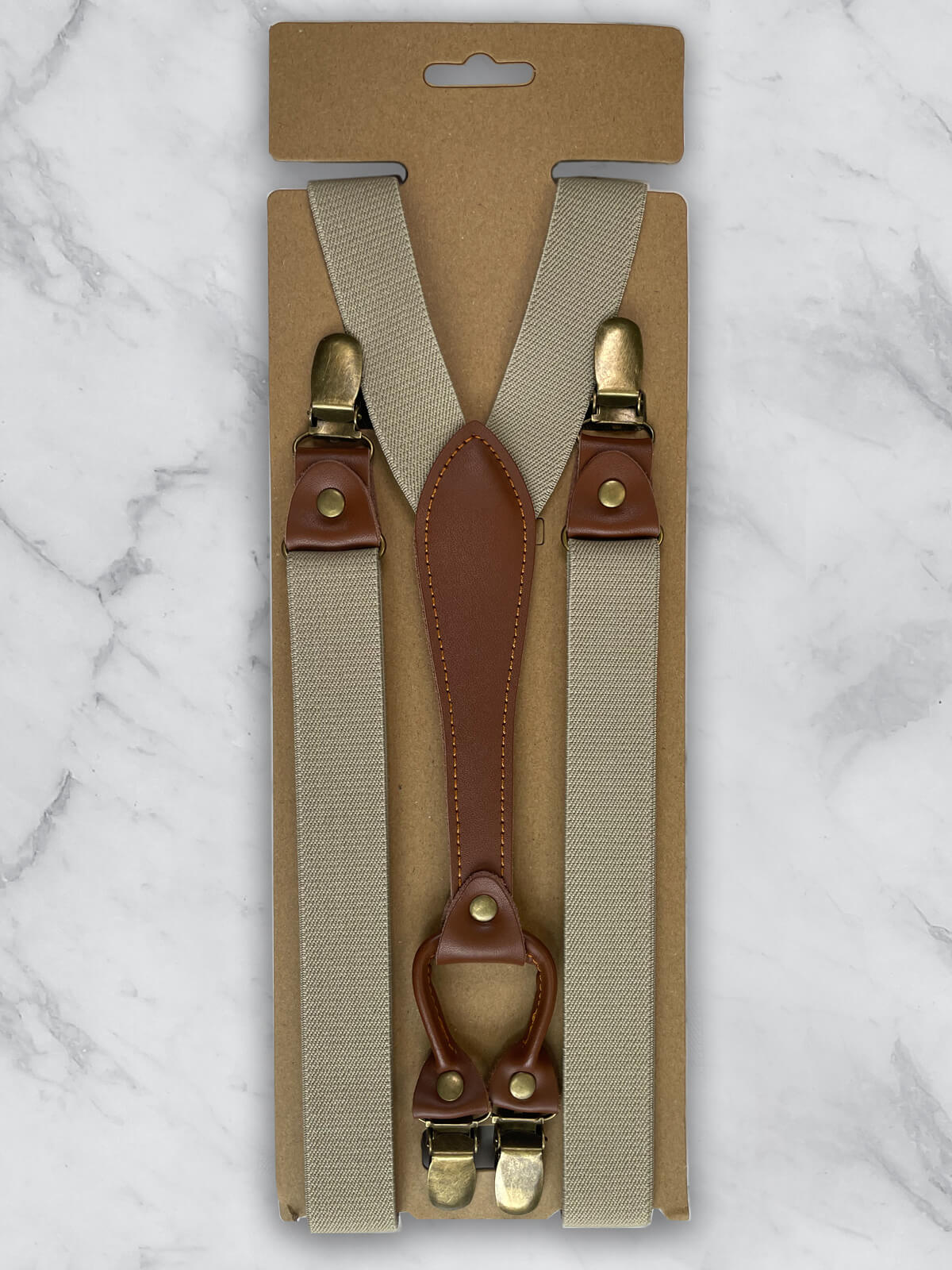 Beige Slimline Leather Trim Lightweight Suspenders
