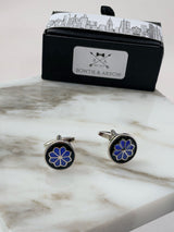 Round Enamel Black & Blue Flower Cufflinks
